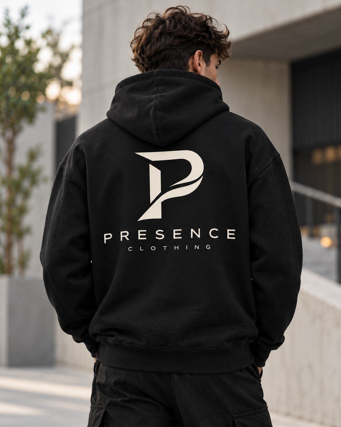 Man wearing the black Presence Hoodie, seen from the back